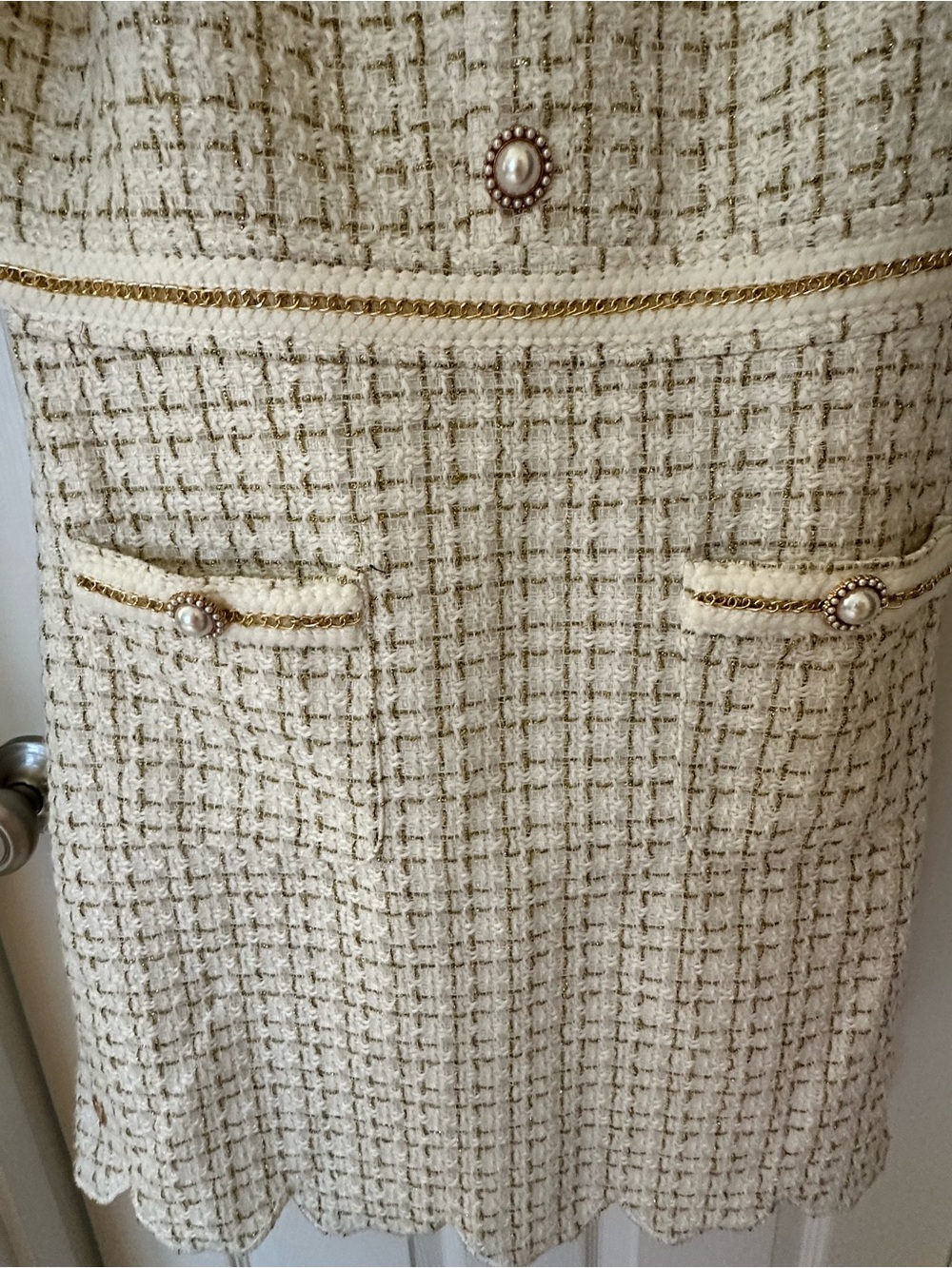 Simply Southern Cream Tweed Puff-Sleeve Dress with Pearl/Gold Buttons - Picture 3 of 9
